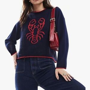 NIB Lobster Sweater Size S Navy Blue & Red Pullover